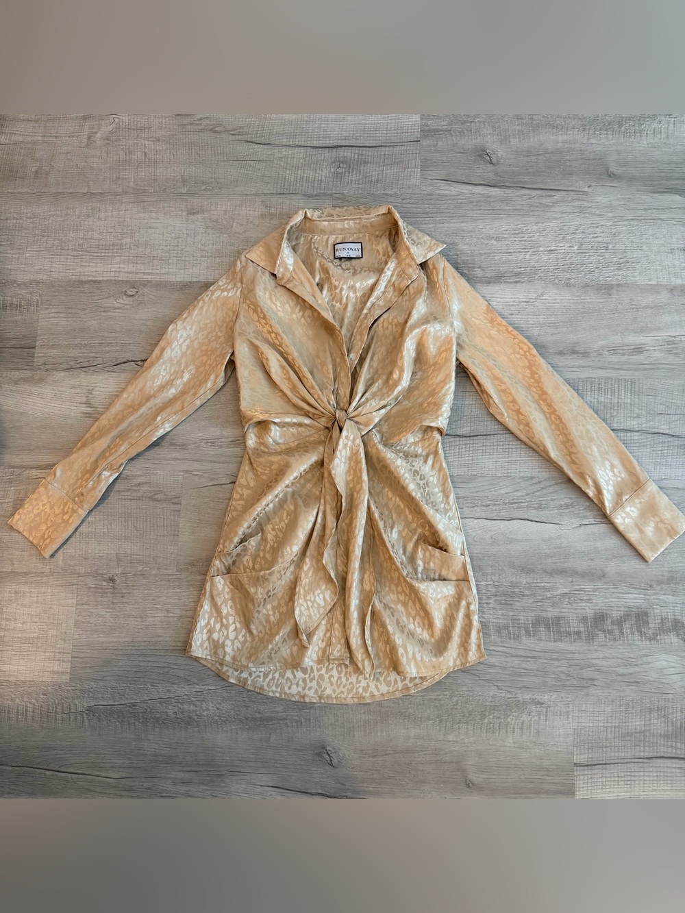Runaway Gold-Tone Satin Leopard-Effect Twist-Front Dress